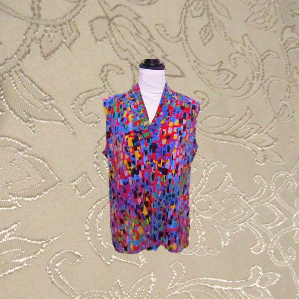 No brand Blusa tunic size L blue multicolor sleeveless shawl collar